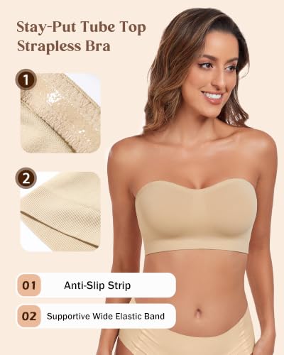 Image of HACI Strapless Bra No Underwire Padded Seamless Wireless Multi-Way Everyday Bandeau Tube Top for Women