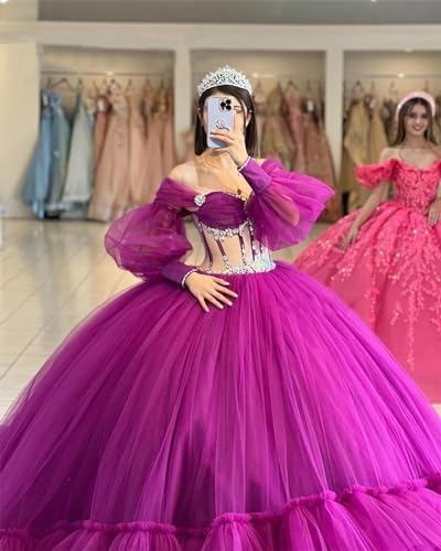 Puffy Quinceanera Dresses with Train Sparkly Diamonds Sweet 15 16 Dresses Ball Gown with Sleeves YU0013