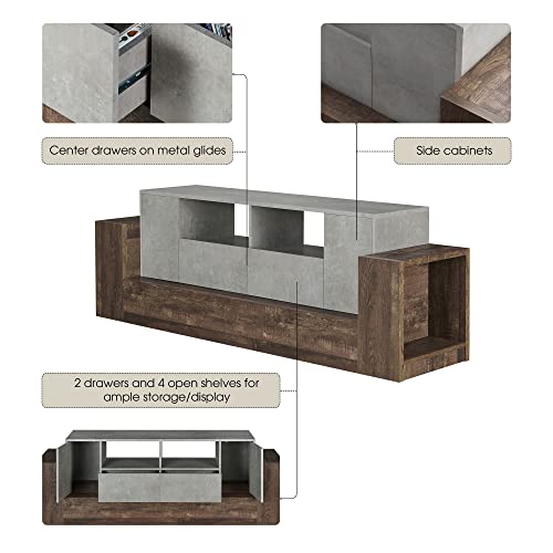 Iohomes Chauncy Contemporary 2 Open Shelves Tv Stand With 2 Drawers On Metal Glides, Media Center With Side Cabinets, For Family Room, Entertaining, Movie Night, 71-Inch, Gray Concrete #TOP4
