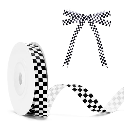 KINGLAKE Black and White Checkered Ribbon - Racing Car Theme Black Grosgrain Buffalo Plaid Ribbon for Gift Wrapping 3/8 in x 10 Yds White Gingham Ribbons for Crafts Wreath and Racing Cakes Decor