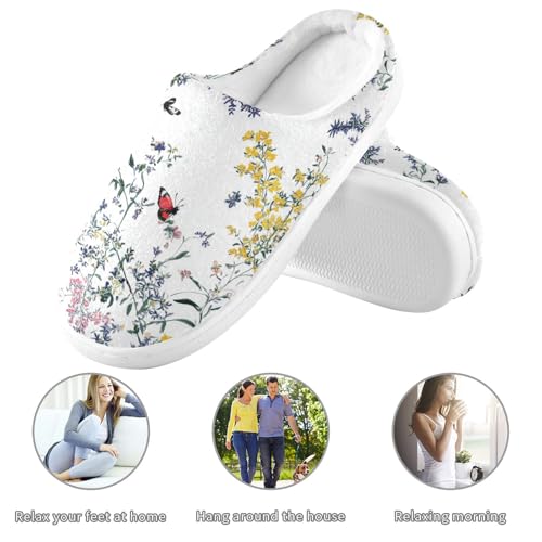 JUNZAN Chic Thyme Flowers White Womens Cotton Slippers Breathable Memory Foam Guest Slippers for Hotel Birthday Presents 6-73