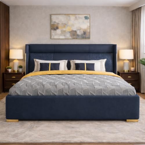 Image of Royal Modern Upholstered Queen Size Bed with Hydraulic Storage for Bedroom | Wooden Double Beds for Home & Hotels | Platform Cot Bed with Upholstery Fabric, 6.5 x 5 Ft | Sheesham, Blue