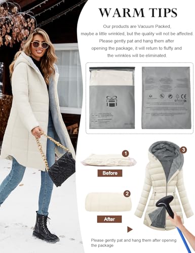 Yuson Girl Damen Winterjacke Winterparka Lang Steppmantel Fleece Gefüttert Mantel Herbst Winter Dicker Warm Parka mit Fell Wasserdicht Outdoor Jacke Elegant Parka mit Tasche(Beige, S)