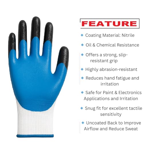 Image of Premium Nitrile Coated Work Gloves - Industrial Grip, Cut & Abrasion Resistant - Flexible & Durable Safety Gloves for Construction, Warehouse, Automotive, Cleaning (Blue, 1 Pair)