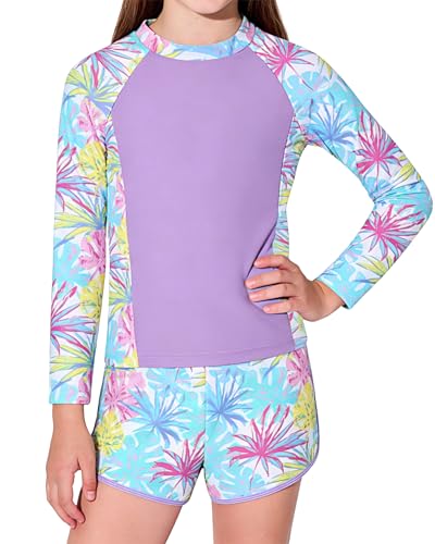 Image of Girls Rash Guard Long Sleeve Swimsuit 2 Piece Bathing Suit UPF 50+ Summer Beach Swimwear for Girl 5-14 Years