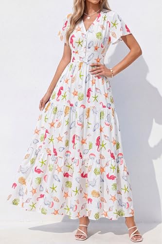 PRETTYGARDEN Women Summer Maxi Dresses 2026 Short Sleeve V Neck Button Floral Tiered Flowy Boho Sundress Beach Outfits(Floral White Multicolored,Small) — view 6