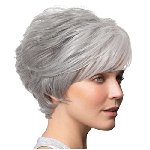 Perruque courte grise bouclée naturelle avec frange pour femme