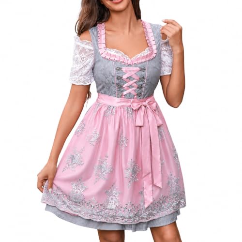 Dirndlkleid 2 Teilig Damen Dirndl Rosa Midi Trachtenkleid Samt Mit Schürze Oktoberfest Trachten Outfit Damen Dirndl Kleid Trachtenmode,03 Rosa,L