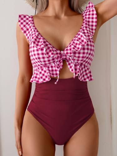 Image of Eomenie One Piece Swimsuit for Women Tummy Control Ruffle Bathing Suit V Neck Ruched Swim Suit Slimming Cutout Swimwear