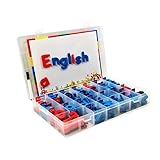 La robusta caja de almacenamiento contiene 104 letras, entre las que se incluyen 78 letras en la parte inferior, 26 letras mayúsculas, tabla de escritura magnética, 1 bolígrafo de pizarra blanca y 1 borrador. Satisface completamente las necesidades ortográficas de todas las palabras y frases comunes.