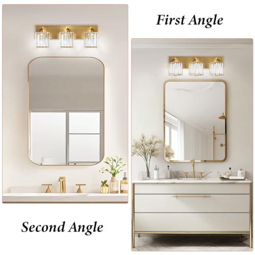 Image of Gold Crystal Bathroom Vanity Light, 3-Light Modern Bathroom Lighting Fixtures Over Mirror,Chrome Wall Sconce Light Fixtures with Square Shade