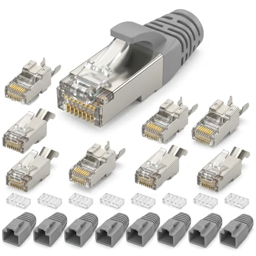Image of FunWorth RJ45 Cat7 Cat6A Pass Through Connector, Shielded, Gold Plated, 8P8C, with Load Bar and Boot Cover, Gray 8 Pack