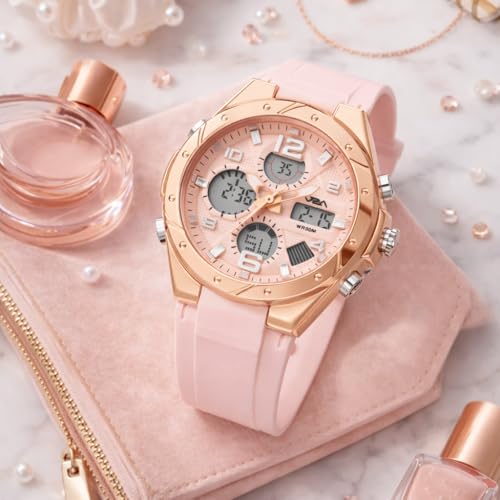 Image of V2A Aura Edge 40mm Analog Digital Watch for Women | Modern Everyday Style | Alarm Stopwatch Backlight Day Date | Comfortable TPU Strap | 50M Water Resistant | Gift for Ladies