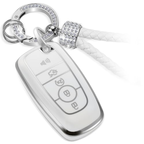 Image of for Ford Key Fob Cover with Luxury Diamond Braided Keychain, Upgraded Soft Case for Fusion F150-F550 Edge Escape Explorer Bronco Maverick,etc.(5 Button) (Silver Bling,B)