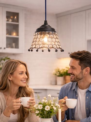 Image of Modern Crystal Pendant Light for Bedroom & Living Room | Decorative Hanging Ceiling Lamp | Warm White Ambient Light | Black Metal Frame Chandelier (Royal Victorian Bell)