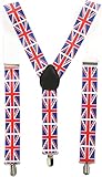 Talla única: Estos tirantes Union Jack son de talla única para todos los adultos, tienen mucha holgura y ajuste para hacer que tus tirantes sean tan cómodos y ajustados como tus necesidades, un accesorio perfecto para cualquier evento británico