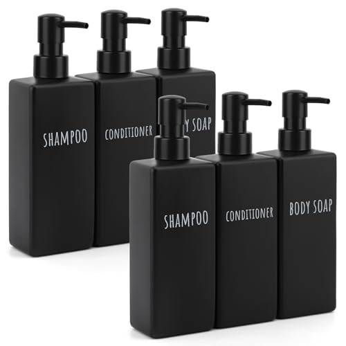Segbeauty Dispenser Doccia, 6 Pezzi 500ml Dispenser Sapone Nero Opaco, Dispenser Shampoo e Bagnoschiuma, Dosatore Sapone Cucina in Plastica, Dosatore Sapone con Etichette Stampate