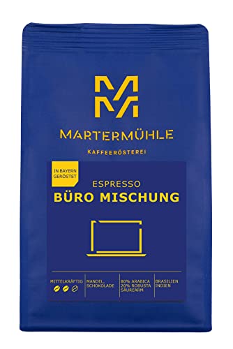 Martermühle Büro Mischung Espressobohnen 1 kg mittelkräftig | Arabica/Robusta | Aromen: Mandel, Schokolade | Ganze Espresso-Bohnen schonend geröstet, säurearm Martermühle Büro Mischung Espressobohnen 1 kg mittelkräftig | Arabica/Robusta | Aromen: Mandel, Schokolade | Ganze Espresso-Bohnen schonend geröstet, säurearm