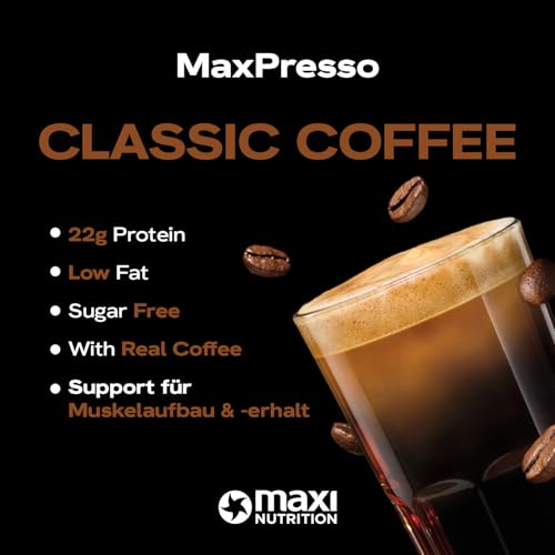 MaxiNutrition MaxPresso Coffee Classic 300g, Protein Kaffee, Whey Coffee Pulver, 21g Eiweiß pro Portion, Zuckerfrei & fettarm, Warm & kalt genießbar