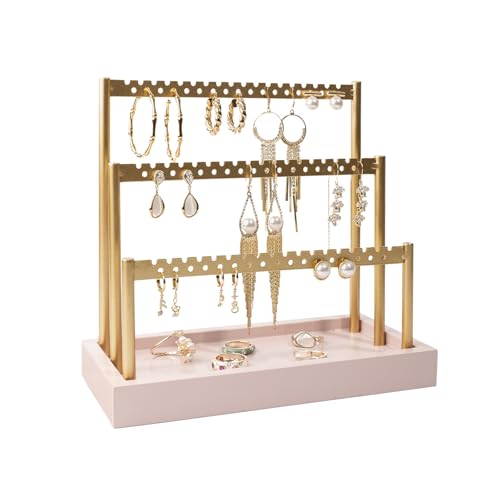 SANY DAYO HOME Soporte organizador de aretes de 3 niveles, 105 agujeros de metal dorado, árbol de exhibición de joyas con bandeja de madera rosa para mujeres y niñas