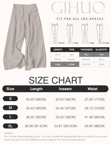 Gihuo Women' s Culottes Linen Blend Wide Leg Pants Elastic Waist Casual Palazzo Trousers with Pockets Capris, Lightkhaki, M
