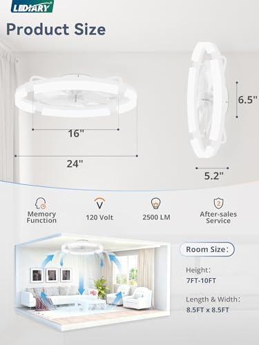 Image of LEDIARY 24 inch Ceiling Fans with Lights and Remote, Modern Low Profile Ceiling Fan, 3 CCT, Stepless Dimmable, Fandelier Flush Mount Fan Light, 6 Speeds, DC Motor, App & Remote Control for Bedroom(White)