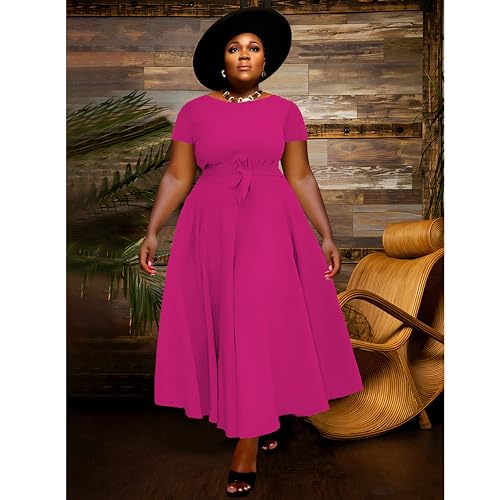 Image of BFFBABY Plus Size Dress A Line Dresses for Women Summer Long Dresses with Sleeve Casual Belted