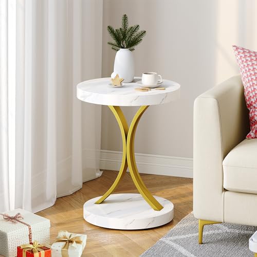 DWVO Round End Tables, Modern Gold Side Table with Metal Frame and Faux Marble Top, Small Accent Table Nightstand for Living Room, Bedroom, Faux Marble White
