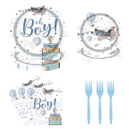Tcoyodw Airplane Baby Shower Party Tableware Set 96 Pcs Oh Boy Airplane Cloud Hot Air Balloon Decor for Boys Travel Adventure Disposable Plates Napkins Forks Decorations Serve 24 Guests