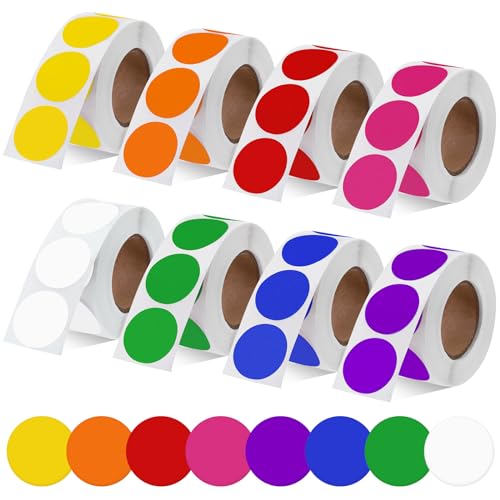 Swpeet 4000 unidades de 8 rollos de pegatinas autoadhesivas de puntos circulares de 1 pulgada, resistentes al agua, de 8 colores vibrantes, 500 etiquetas por rollo, kit surtido de etiquetas redondas