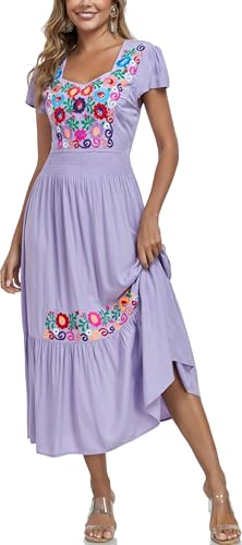 Image of Women's Summer Maxi Dress Casual Floral Embroidered Round Neck Short Sleeve Ruffle Tiered Dress Flowy Boho Beach Sundress