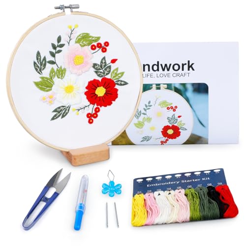 Image of BERYA Embroidery Kit for Beginners, Flowers and Leaves Embroidery Practice Kit, Hand Floral Embroidery Starter Kit for Adults with Video Step by Step Instructions, Hoops, Threads and Needles (BEF011)