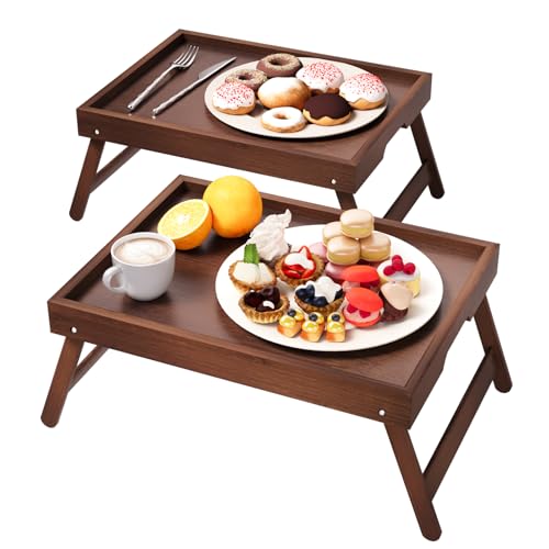 Fibogollo Juego de 2 bandejas para cama con patas plegables, bandejas de desayuno de bambú, bandeja para servir, mesa de cama para comida y aperitivos, bandejas para portátil para trabajar (marrón)