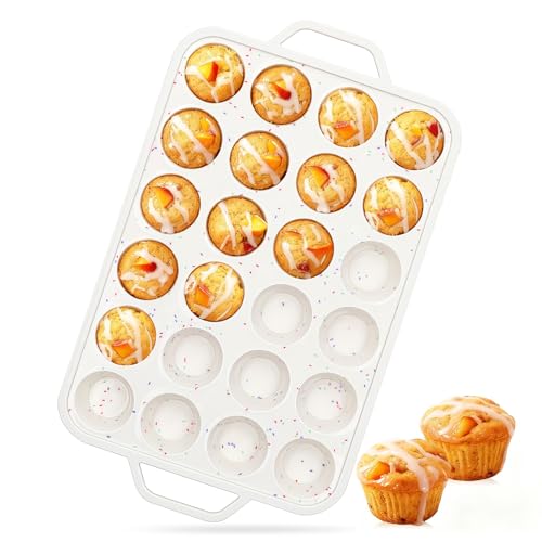 Vinino Mini Muffin Pan with Metal Reinforced Frame-1Pack, Silicone Cupcake Pan for Baking 24 Cup Mini Size, BPA Free Silicone Muffin Tray, Cupcake Baking Pan Molds for Oven Dishwasher Safe-Cream