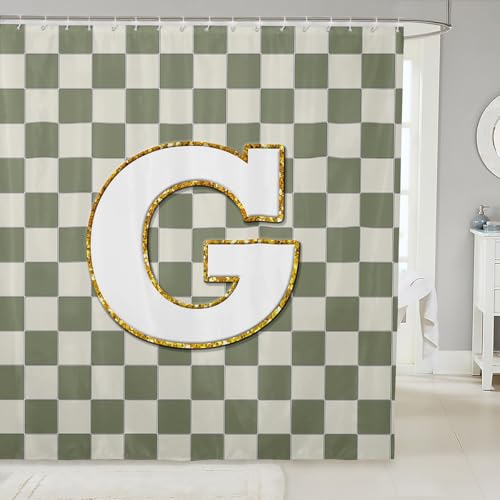 Image of Erosebridal Sage Green Checkered Shower Curtain 72 inch Wx72 L Plaid Initial G Bathroom Curtain Personalized Monogram Bathroom Accessories for Kids Adults,Fashion Grids Gingham Shower Decor