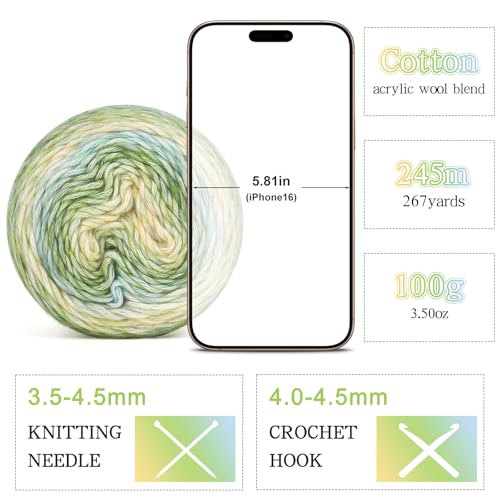 Image of Katech Yarn for Crocheting-Gradient Cake Yarn-4x100g 60% Cotton 30% Acrylic 10% Wool-Ombre Multicolor Soft Rainbow Cotton Crochet Yarn for Scarves, Shawls, Blankets, and Garments(F)