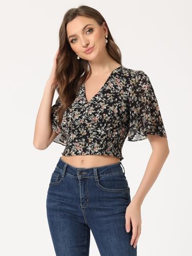 Allegra K Women's Floral Blouse Flare Short Sleeve V Neck 2025 Trendy Summer Smocked Crop Tops3