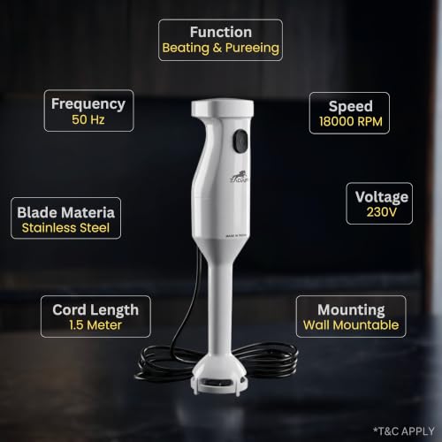 Image of Hand Blender 18000 RPM Powerful Motor | Stainless Steel Blade | Electric Stick Blender for Smoothies, Milkshake, Lassi, Soup, Baby Food & Puree | 1.5m Cord | Wall Mount | 2 Year Warranty