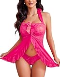 Avidlove Women Sexy Nightwear Halter Lace Strap Chemise Babydoll Lingerie Set Rose Red XXL