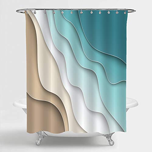 Turquoise Brown Cream Shower Curtain Beach Geometric Gradient Striped Dark Turquoise Shower Curtain Sets With Hooks, Bathroom Curtains Waterproof Polyester Fabric Bathroom Art Decor 72X72 Inches #TOP3