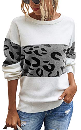 Angashion Women's Leopard Sweaters Casual Long Sleeve Crewneck Color Block Patchwork Pullover Knit Sweater Tops 2064 Grey M