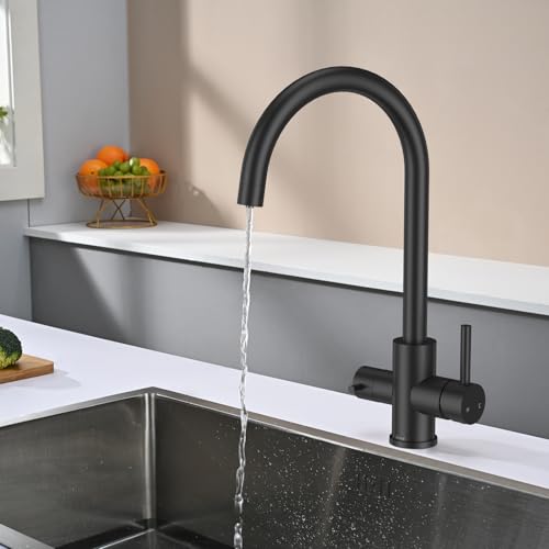3 Wege Küchenarmatur Schwarz, DETBOM Wasserhahn Küche, Mischbatterie, 360° Drehbarkeit, Drei Wege Mischbatterie für Wasserfilter, Doppelhebel, 3 in 1 Spültischarmatur, Edelstahl Mattschwarz