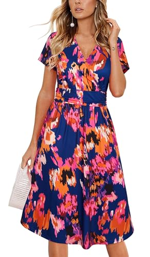 Image of Newshows Womens Summer Short Sleeve Casual Dresses V Neck Floral Vacation Sundress Faux Wrap Midi Dress with Pockets