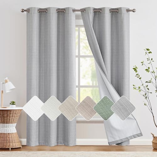 jinchan 100% Blackout Curtains for Bedroom Living Room Linen Blackout Curtains 84 Inch Long Room Darkening Curtains Linen Textured Drapes 52" W 2 Pane