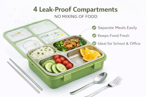 Image of TEC TAVAKKAL 4 Compartment Leak-Proof Lunch Box with Extra Steel Bowl & Lid, 900ML Bento Lunch Box | BPA Free | Includes Spoon, Fork & Chopsticks, Dishwasher Safe, Food Grade Durable Material (Green)