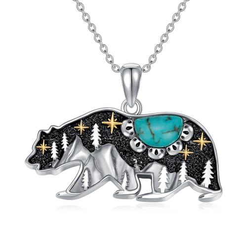 Turquoise Bear Necklace 925 Sterling Silver Genuine Blue Turquoise Vintage Nature Bear Pendant Western Jewelry Gifts for Women