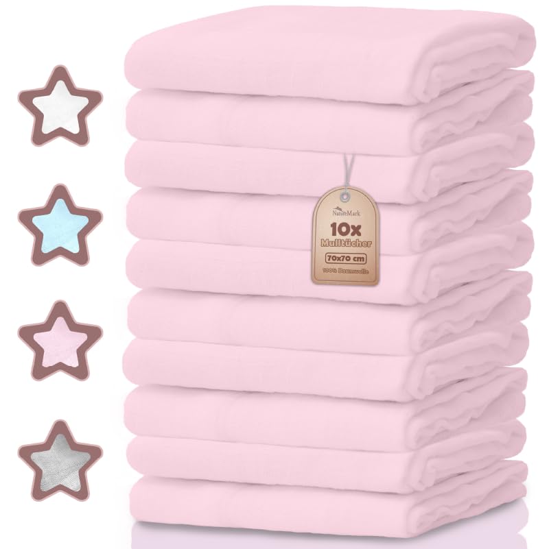 NatureMark 10er-Pack Baby-Mulltücher – 100% Baumwolle – weiche und saugfähige Tücher für Stillen & Babypflege, Windeln, Pucktücher & Waschlappen – Rosa, 70x70 cm