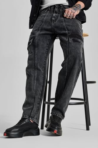 Image of SNITCH Charcoal Grey Multi Pocket Regular Fit Cargo Jeans