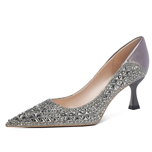 Women's Rhinestone Kitten Heel Pumps Fashion Closed Pointed Toe High Heel Slip-On Wedding Dress Shoes Suitable for Party Dance