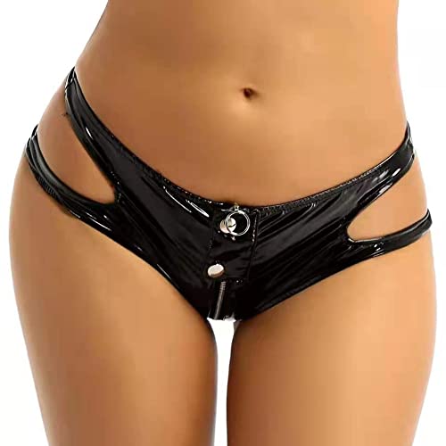 HEARTTOUCH - HEARTTOUCH Damen Wetlook Ouvert-Slip PU Leder Tanga String mit Ketten Reißverschlüsse Frauen Panties Offen Schritt Unterhose Erotik Dessous Reizwäsche (M,A Schwarz)